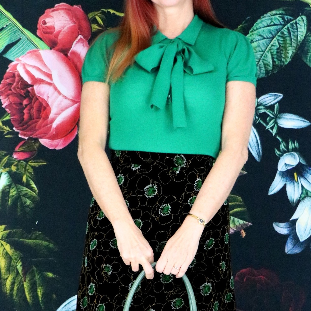 GINGER Green Knit Wool Cashmere Bow Tie Neck Pussy Bow Short Sleeve Sweater